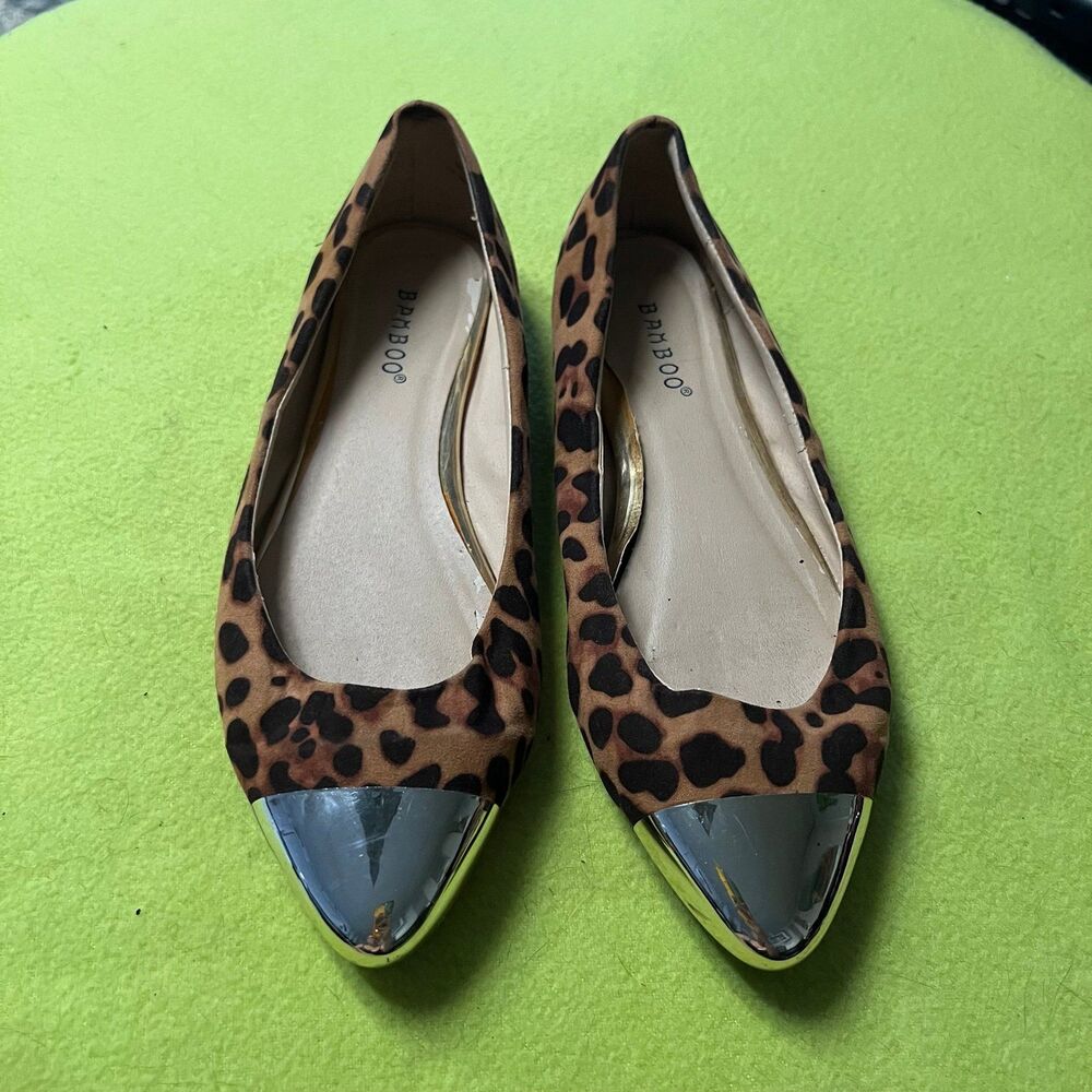 Bamboo Cheetah Gold Toe Ballet Pointed Flats Casual Leopard Slip On Sz 7.5